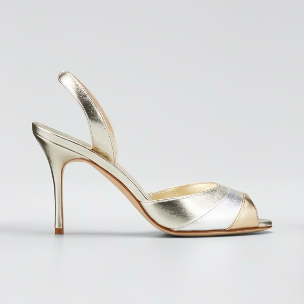 Manolo Blahnik Gold and Silver Leather Slingback Heels